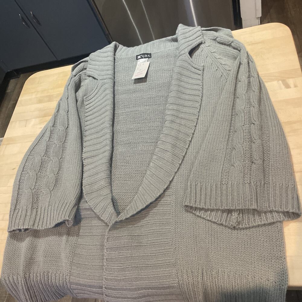 COC Slate Blue Oversized Cable Knit Collared Cardigan 3/4 Sleeve Minimalist OS